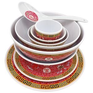 Chinese Melamine Shin-San Chalice Serving Plates Bowls Spoon Teacup Lot of 10